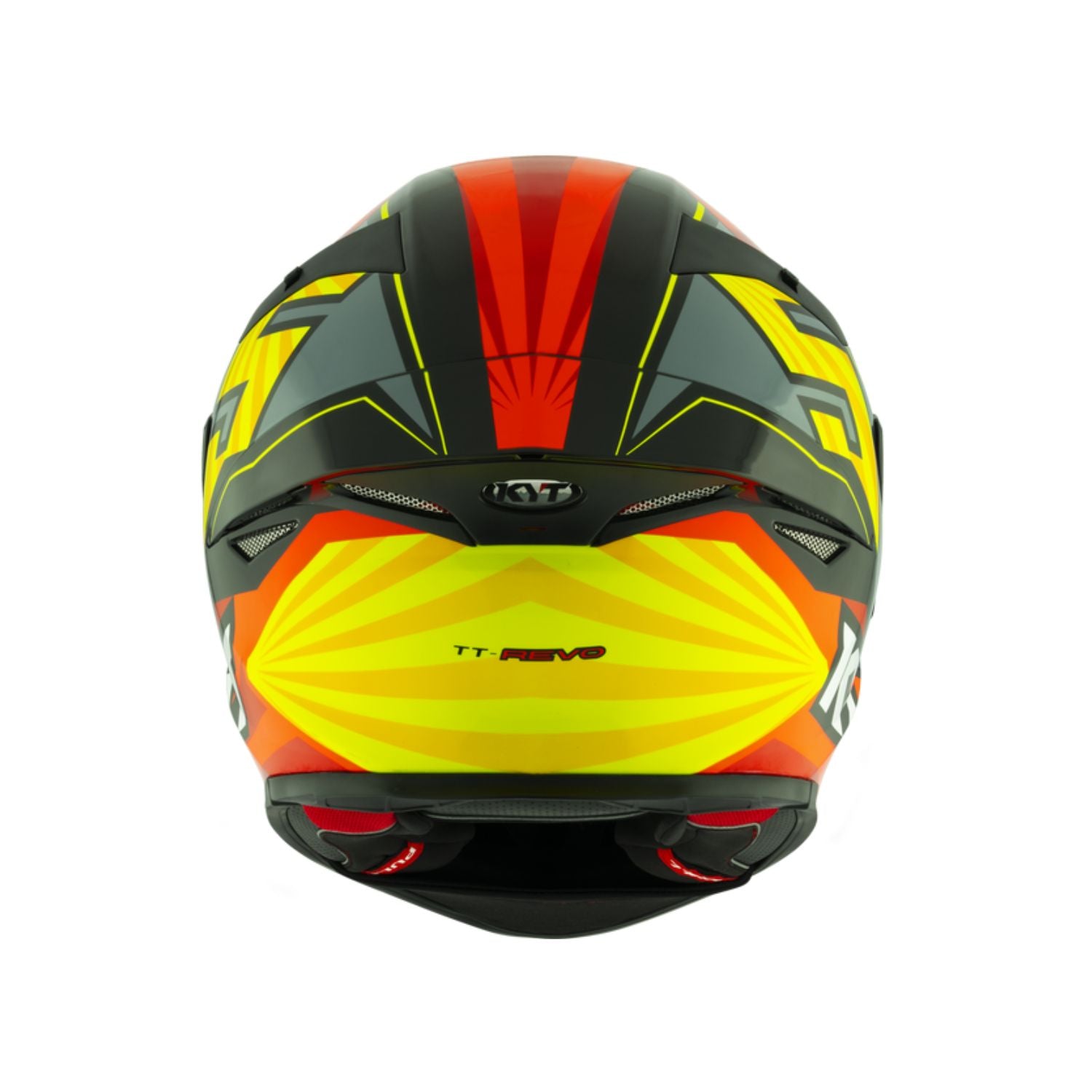 KYT TT Revo Flux Gloss helmet (S), rear view, glossy black shell with red yellow starburst
