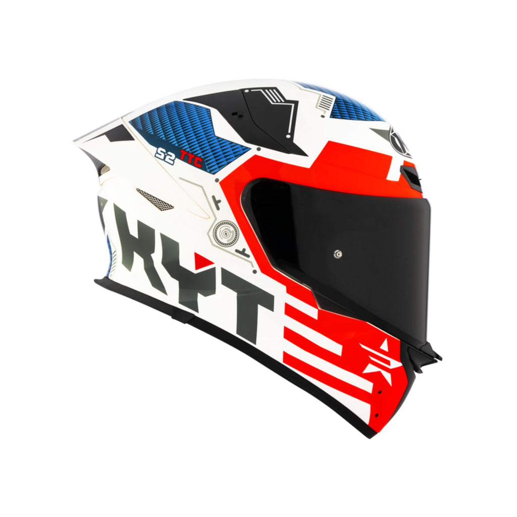 TT Revo Fuselage Helm: glänzend rot, Rück-/Seitenansicht mit weißer Grafik