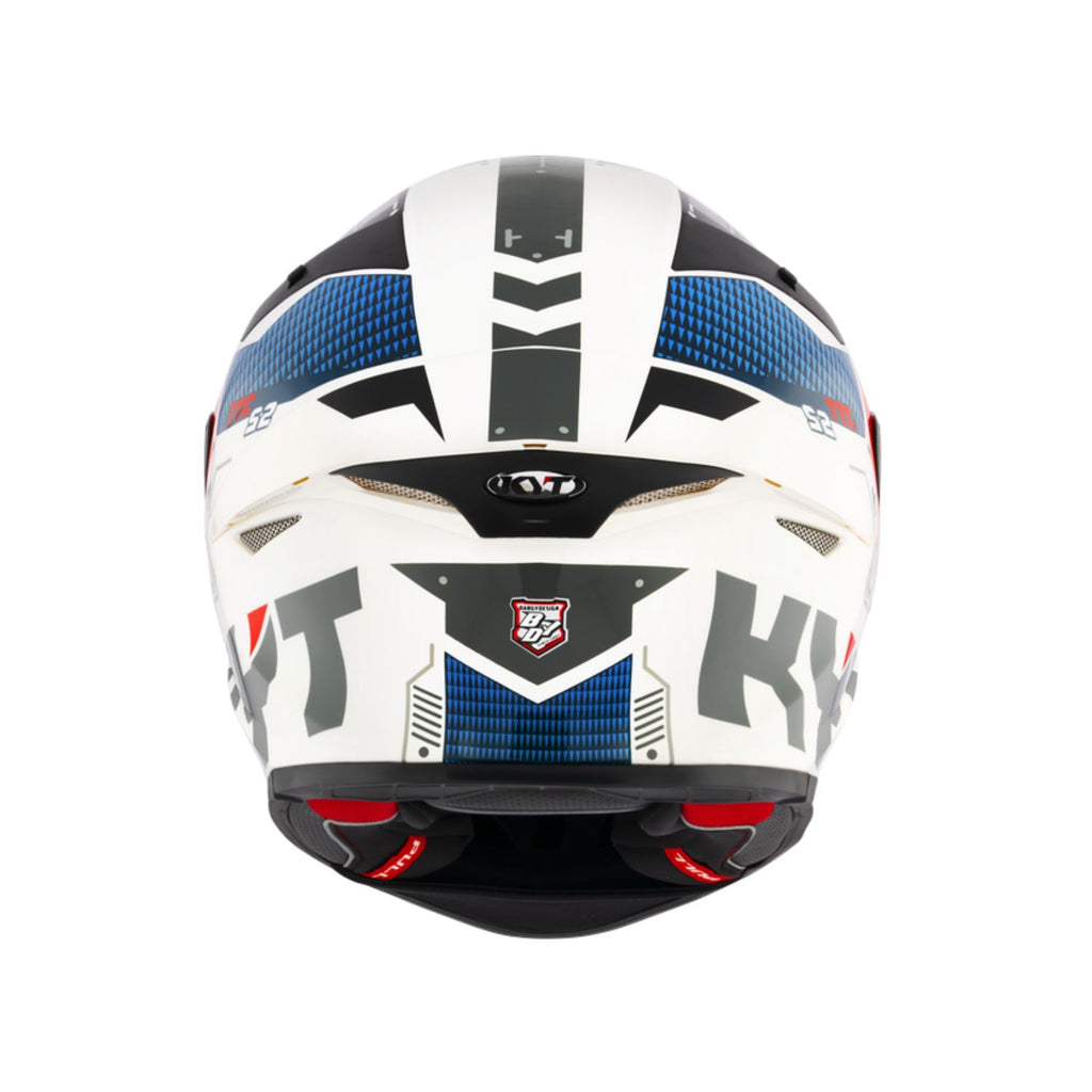 TT Revo Fuselage Helm, Blick von oben, weiß-schwarz mit blauem Muster und Belüftung