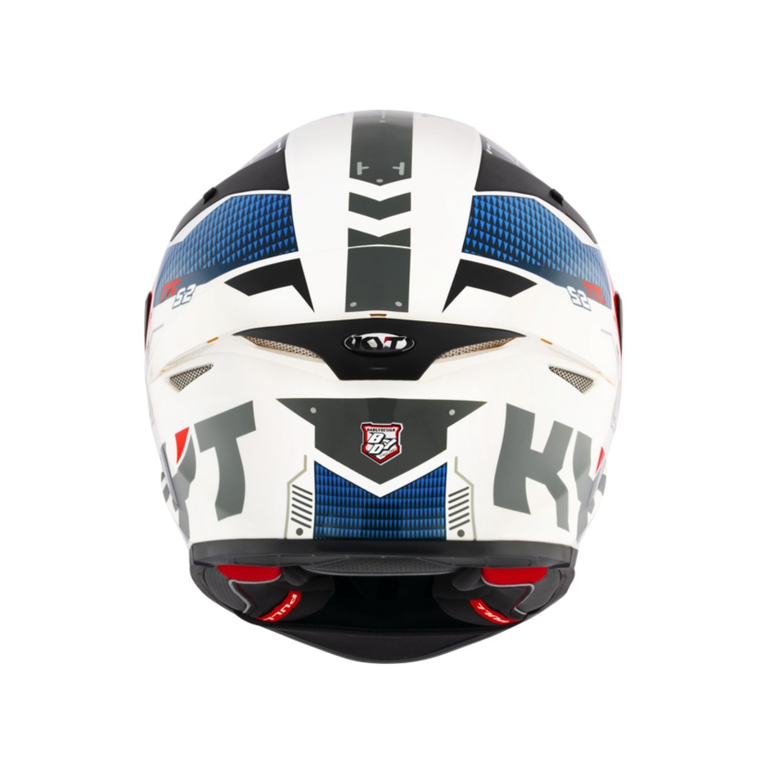 TT Revo Fuselage Helm, Blick von oben, weiß-schwarz mit blauem Muster und Belüftung