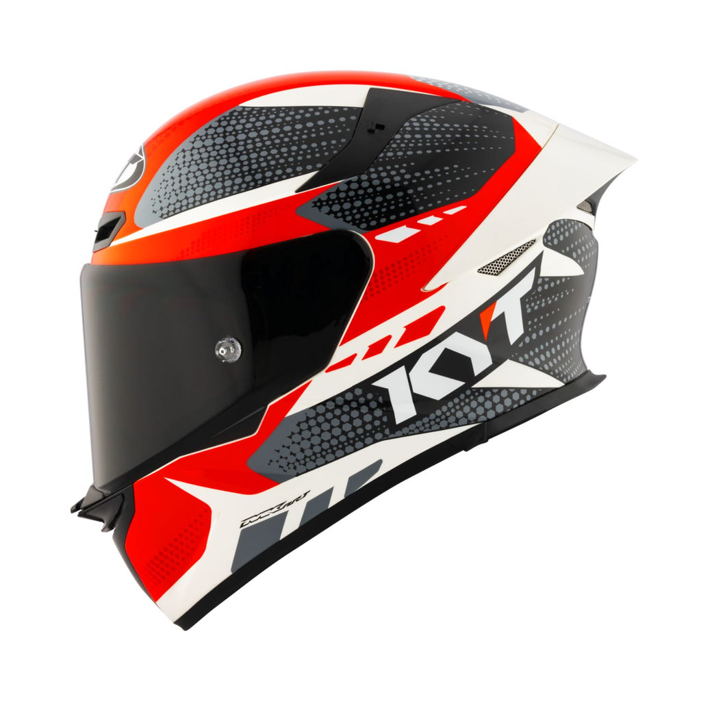 Motorrad-Helm Größe M, seitliche Ansicht, roter Helm mit schwarzem Visier und Weiß-Print