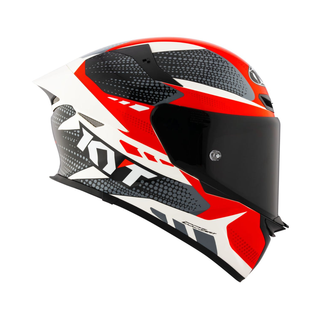 Helm Größe M, schräger Blick: rotes und weißes Grafikdesign, schwarzes Visier