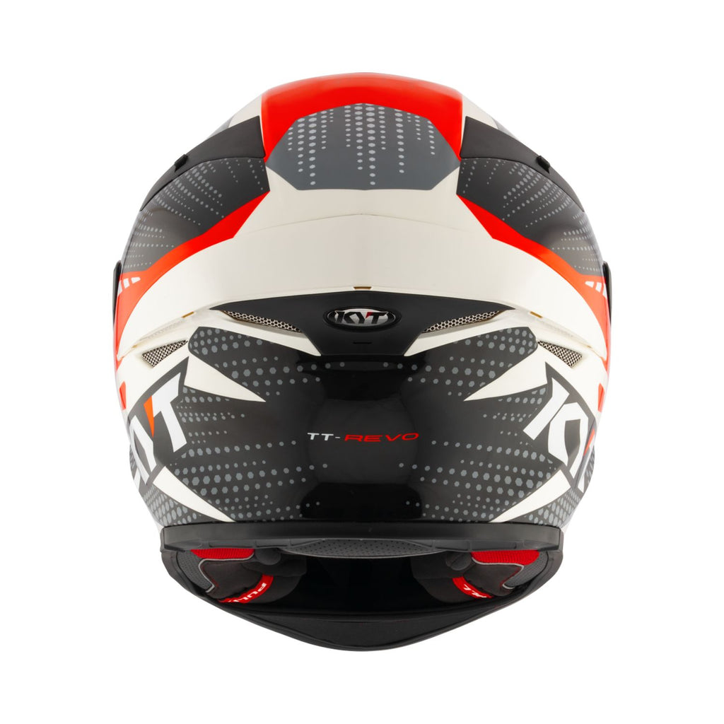 Helm Größe M von hinten: TT-Revo Schrift, gesprenkelte Grauflächen, rot-weißer Akzent