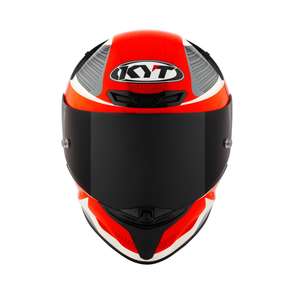 Helm Größe M, Vorderansicht: schwarzes Gesicht/Visier, rotes Top mit grau-schwarzem Muster