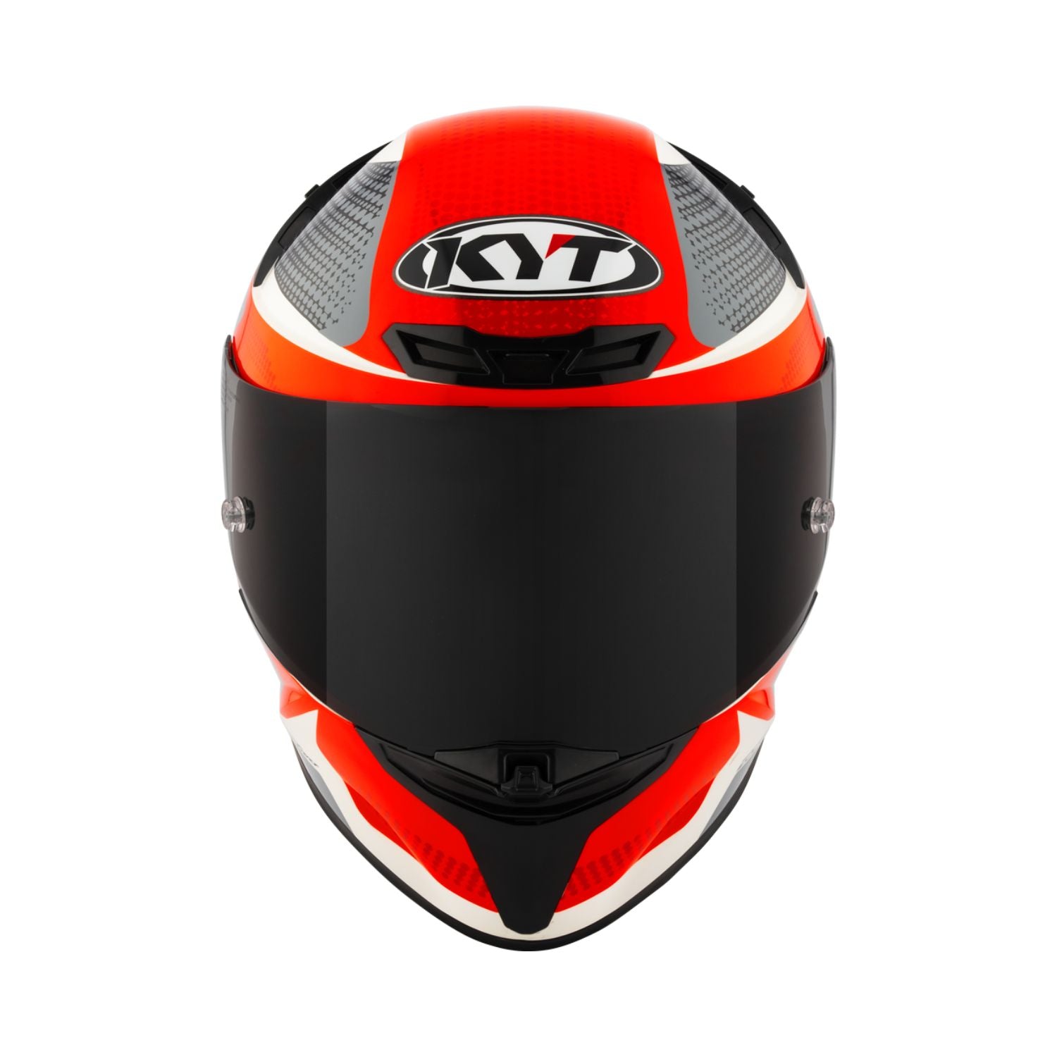 Helm Größe M, Vorderansicht: schwarzes Gesicht/Visier, rotes Top mit grau-schwarzem Muster