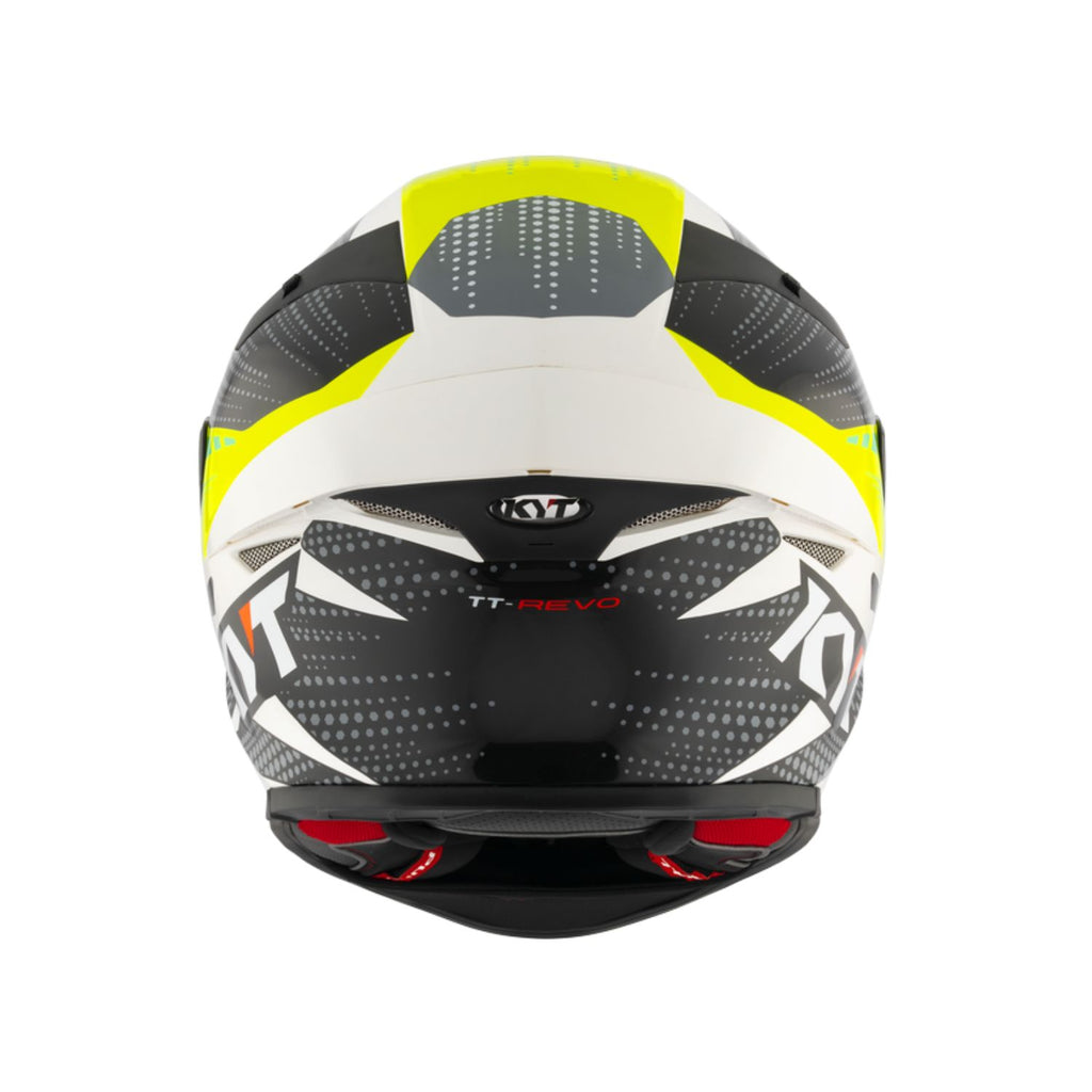 TT Revo Gear helmet front view in black, white, and yellow with TT Revo decals