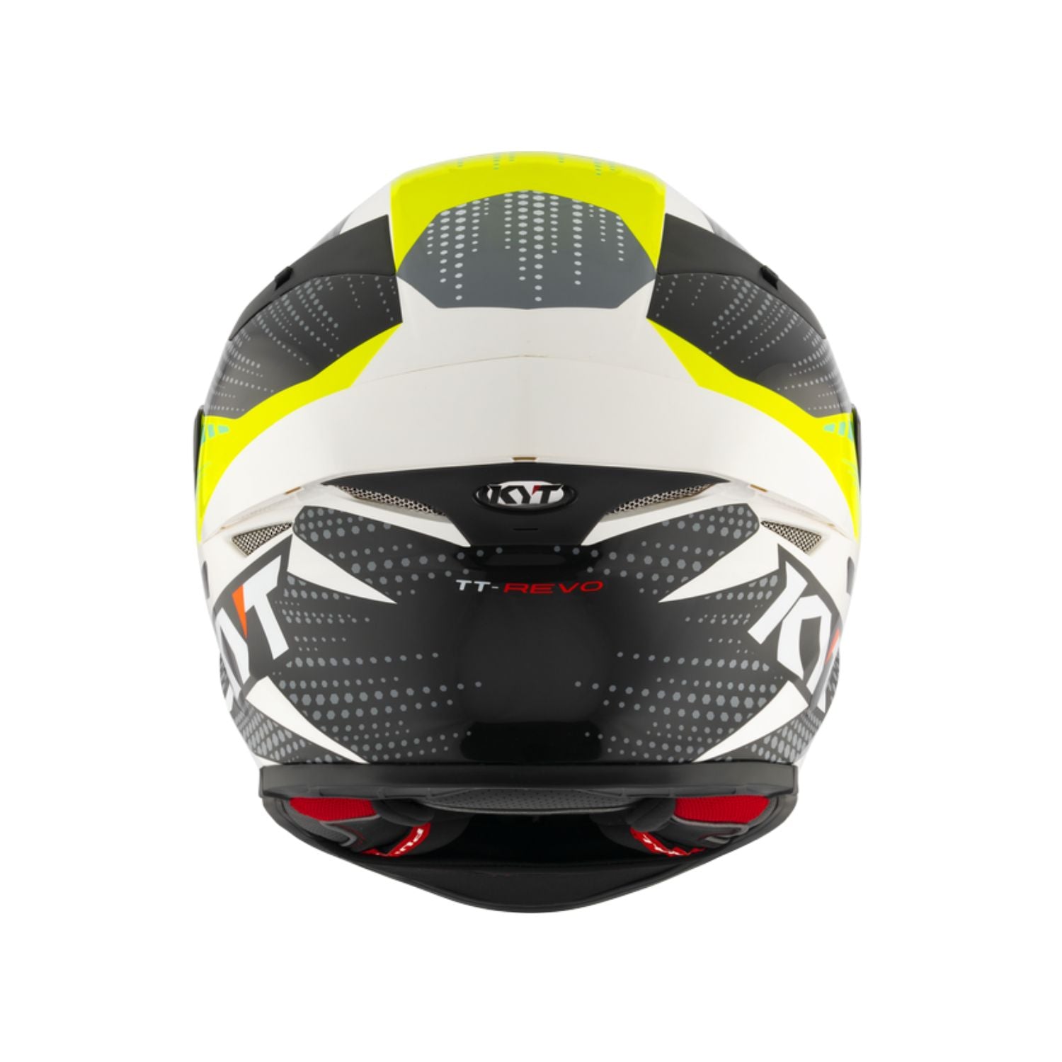 TT Revo Gear helmet front view in black, white, and yellow with TT Revo decals