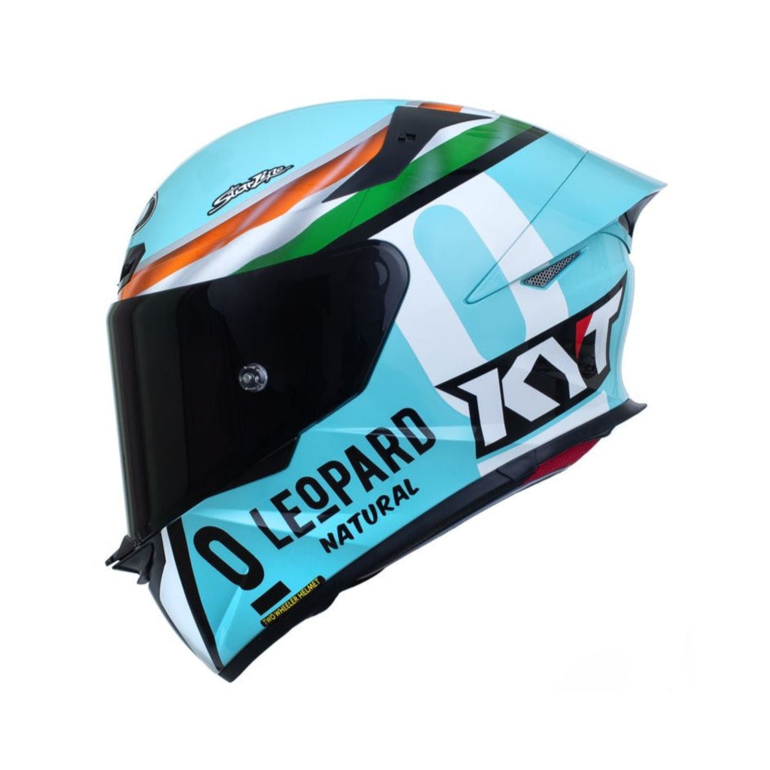 TT Revo Leopard Helm türkis-weiß, schwarzes Visier, große LEOPARD-Schrift