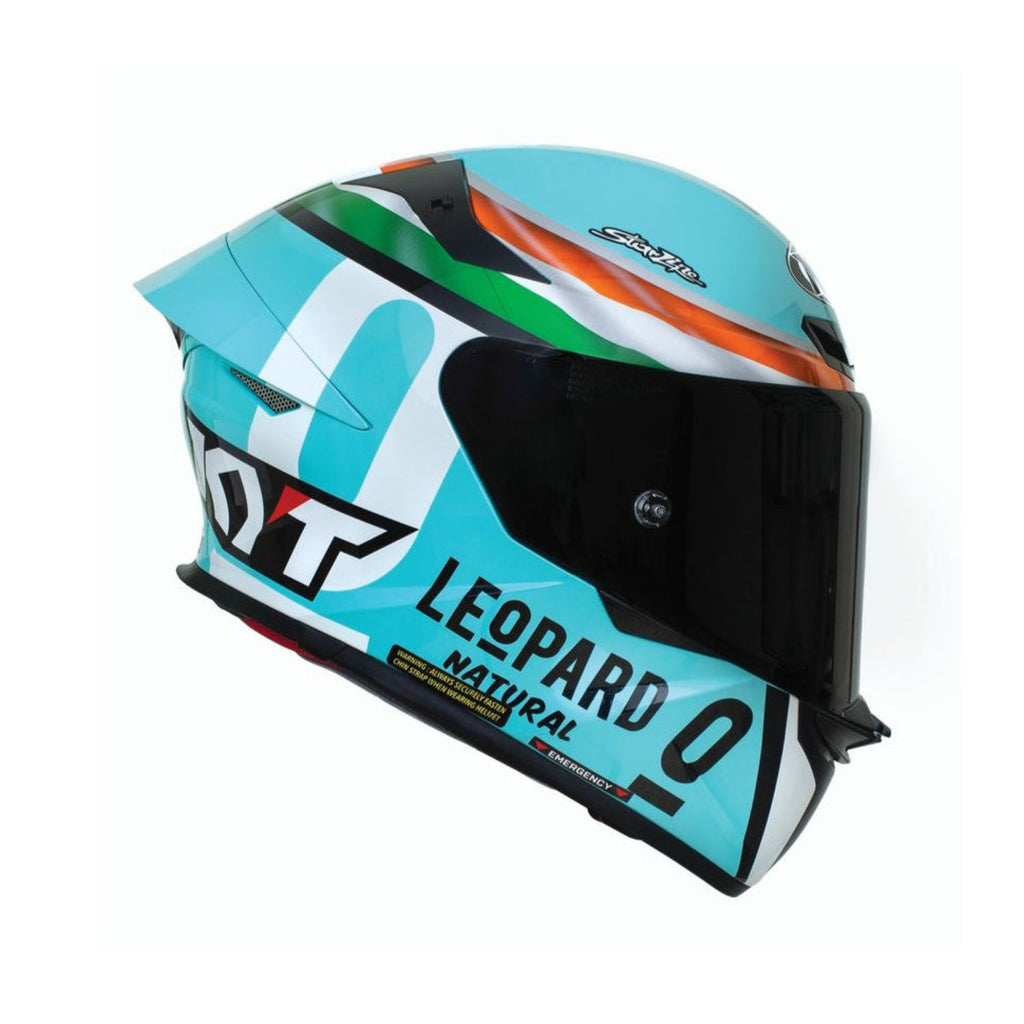 TT Revo Leopard Motorradhelm türkis, geschlossenes Visier, Grafik mit orange/grünen Zierlinien