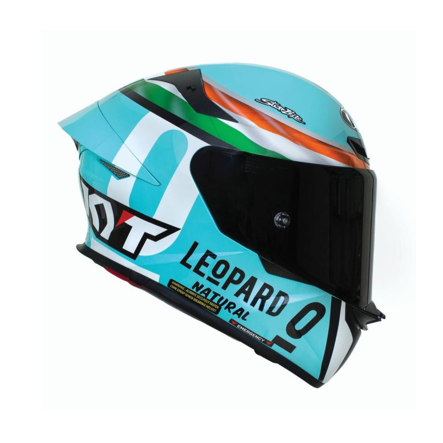 TT Revo Leopard Motorradhelm türkis, geschlossenes Visier, Grafik mit orange/grünen Zierlinien