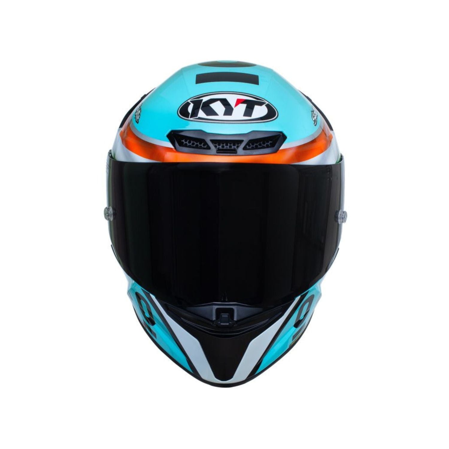 TT Revo Leopard Helm von vorn: türkis mit KYT-Logo, schwarz getöntes Visier