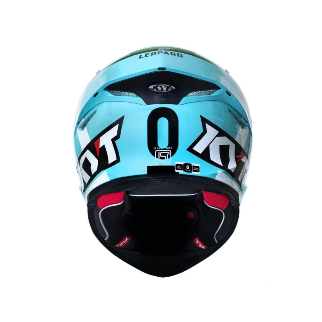 TT Revo Leopard Motorradhelm Innenansicht, türkis, rote Polster und Kinnbereich