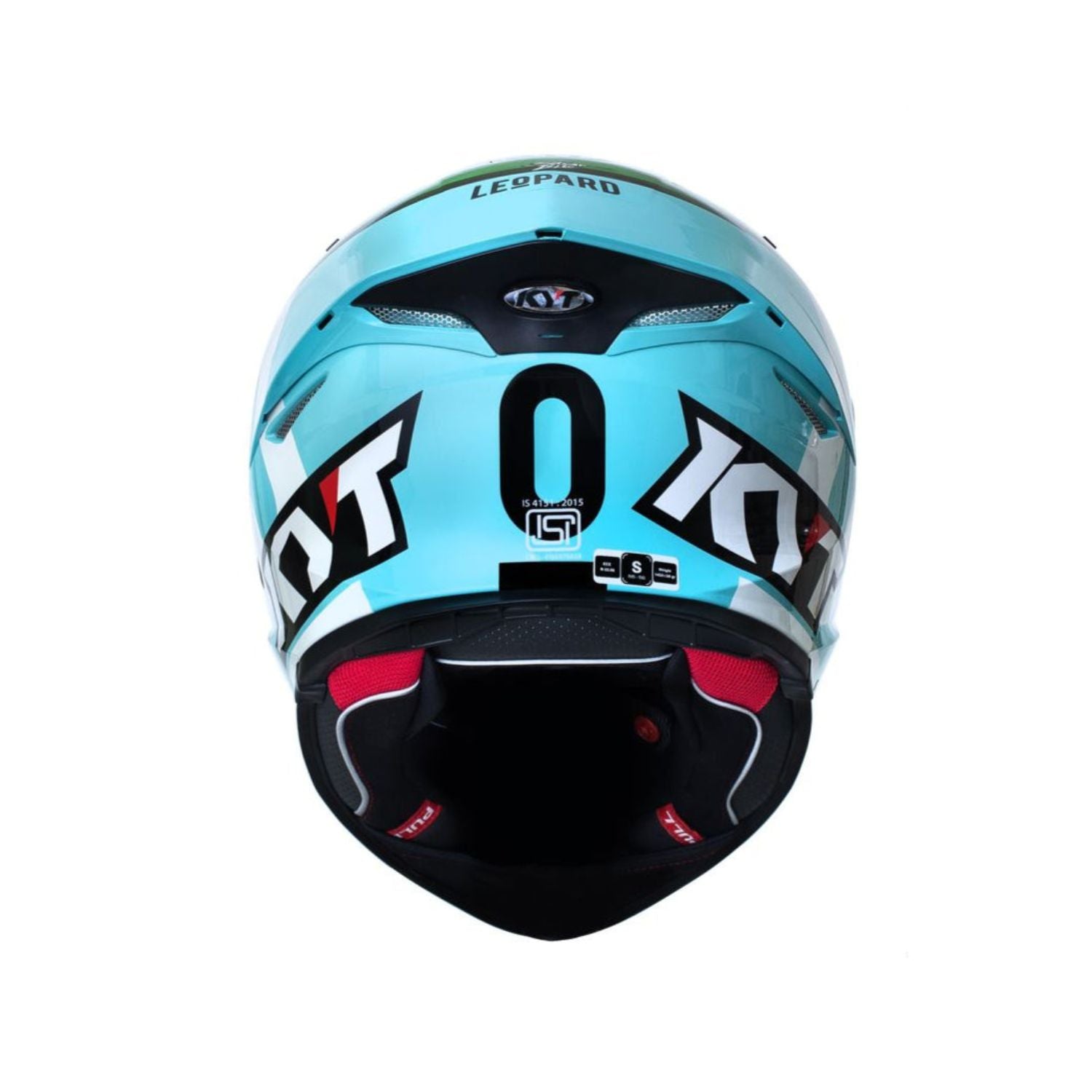 TT Revo Leopard Motorradhelm Innenansicht, türkis, rote Polster und Kinnbereich