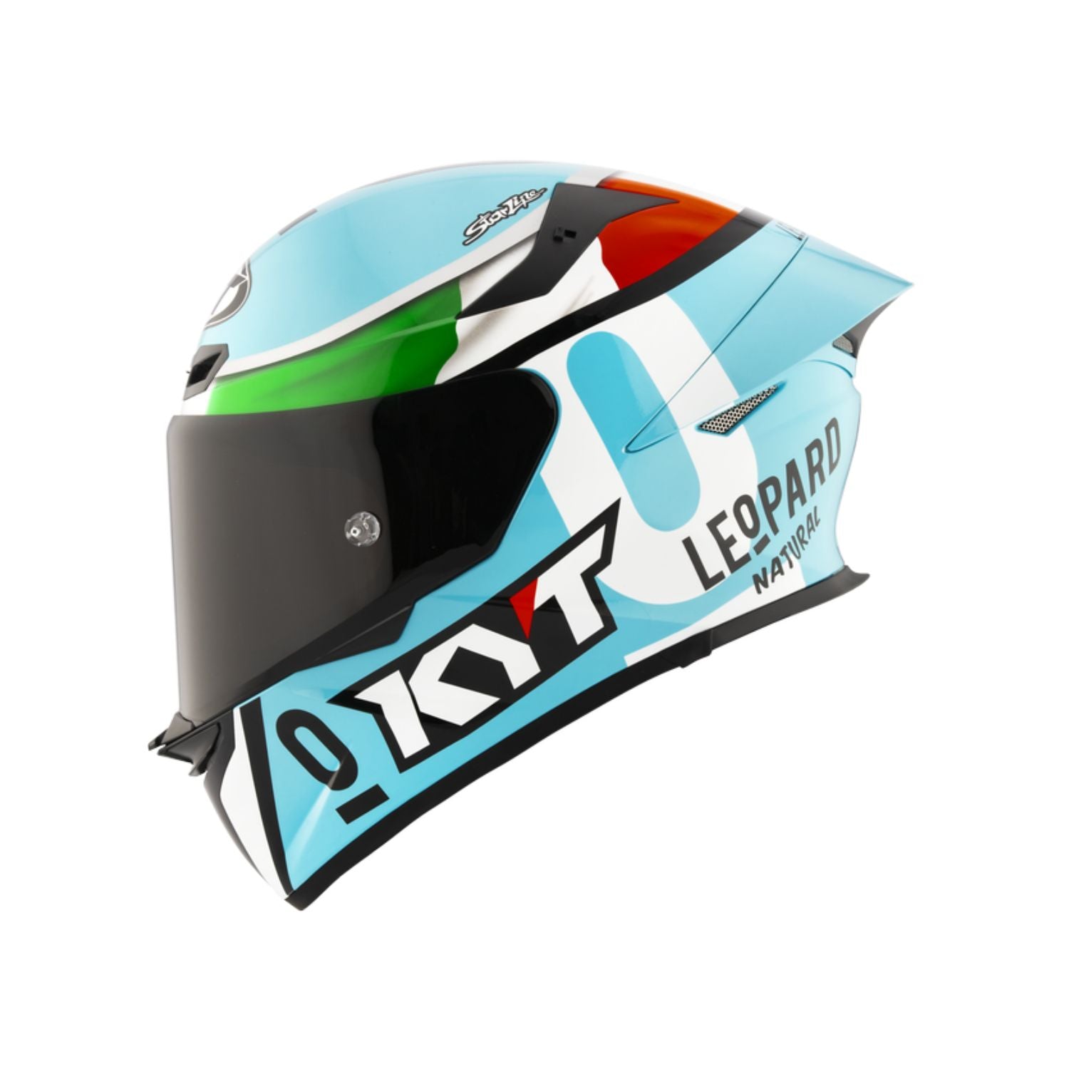 Gloss full-face helmet, side view, blue-green-white leopard graphics with black visor