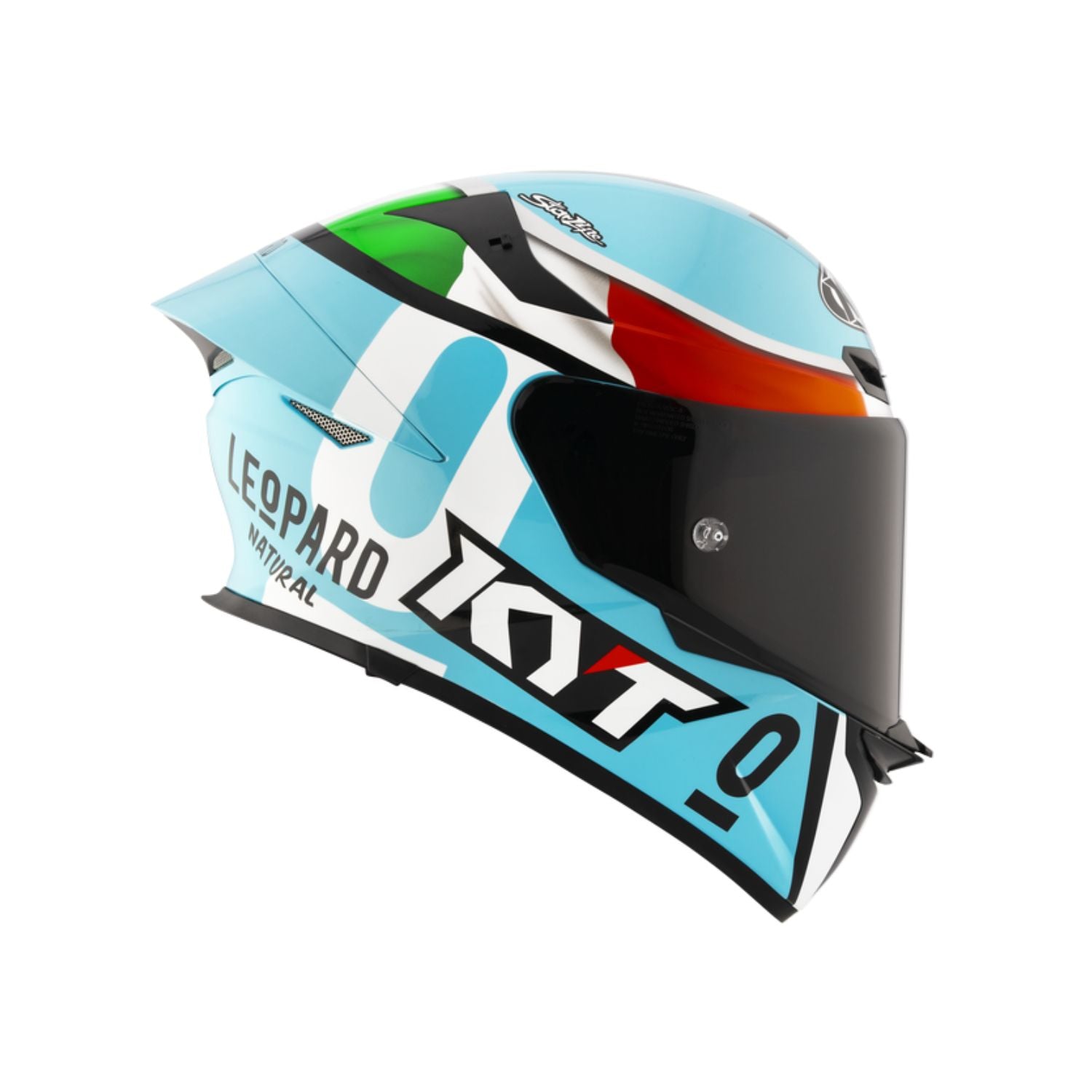 Gloss full-face helmet, front-left view, leopard tricolore decals and black visor