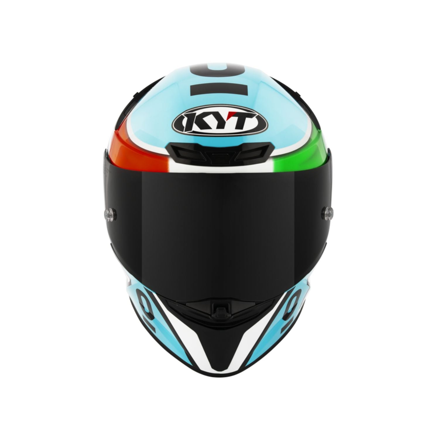 Gloss full-face helmet, front view, KYT logo, tricolore stripe and black chin guard