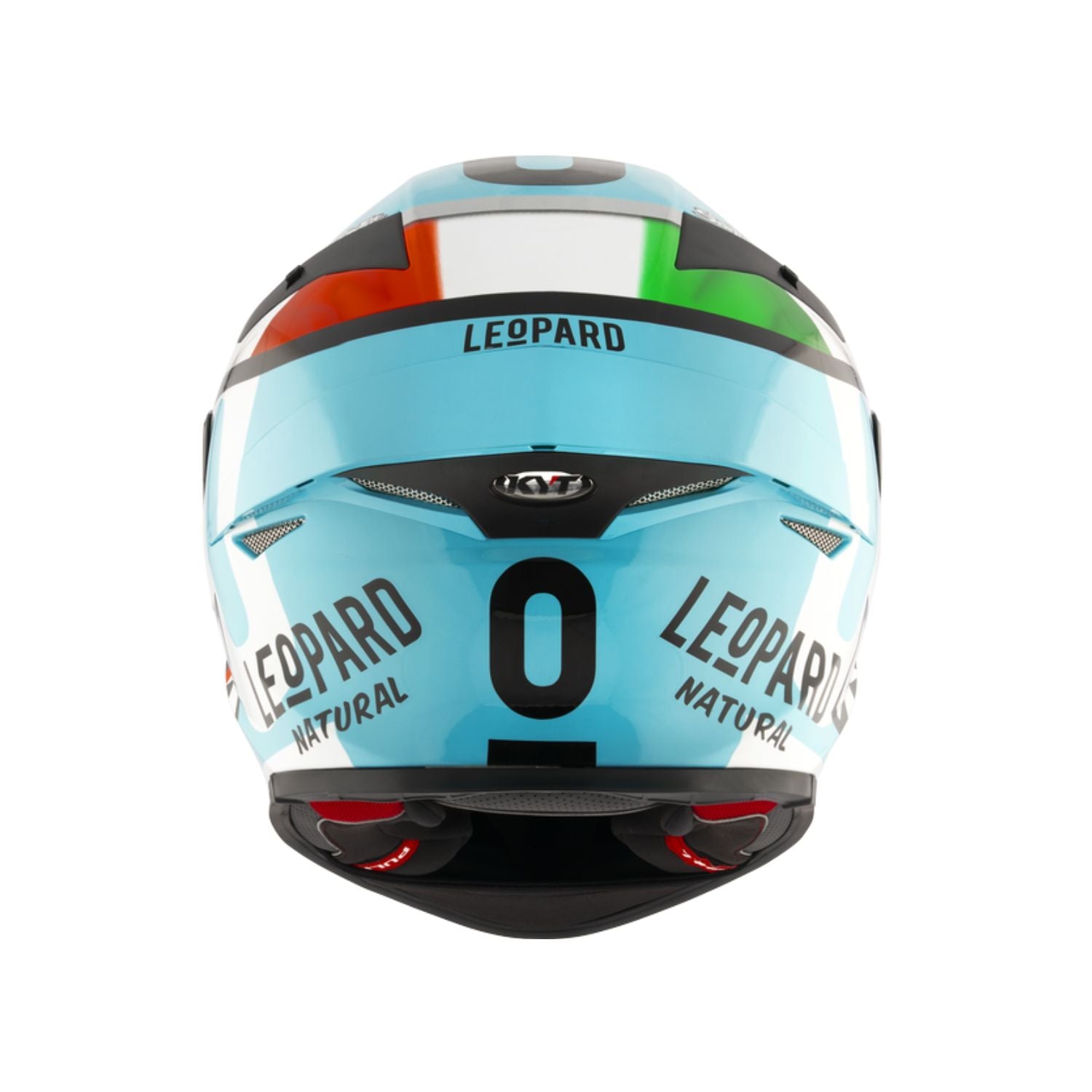 Gloss full-face helmet, rear view, leopard natural text and number 0, black ventilation