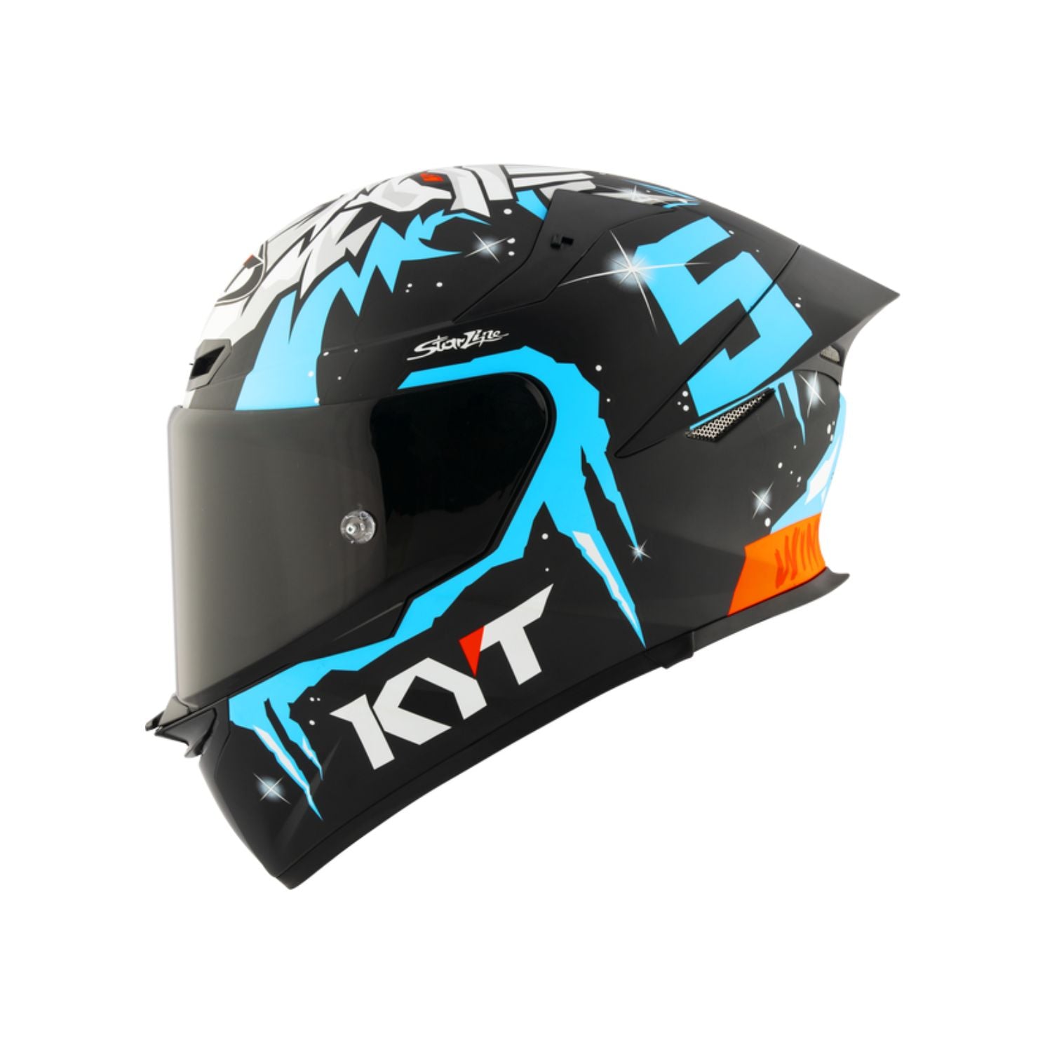 Full-face helmet XL with dark visor; blue lightning graphics on black/white shell