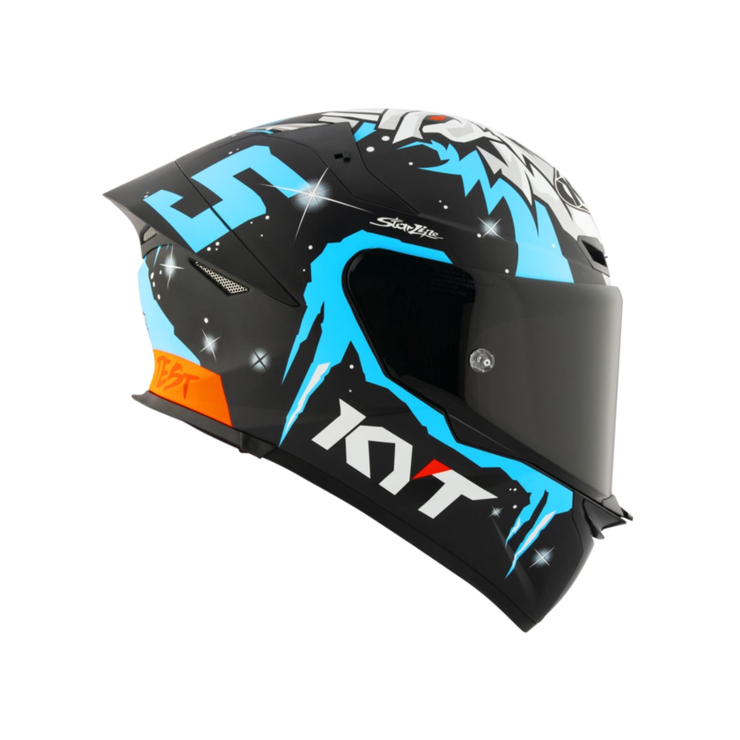 KYT TT Revo Masia helmet XL with dark visor; blue accents and orange side logo