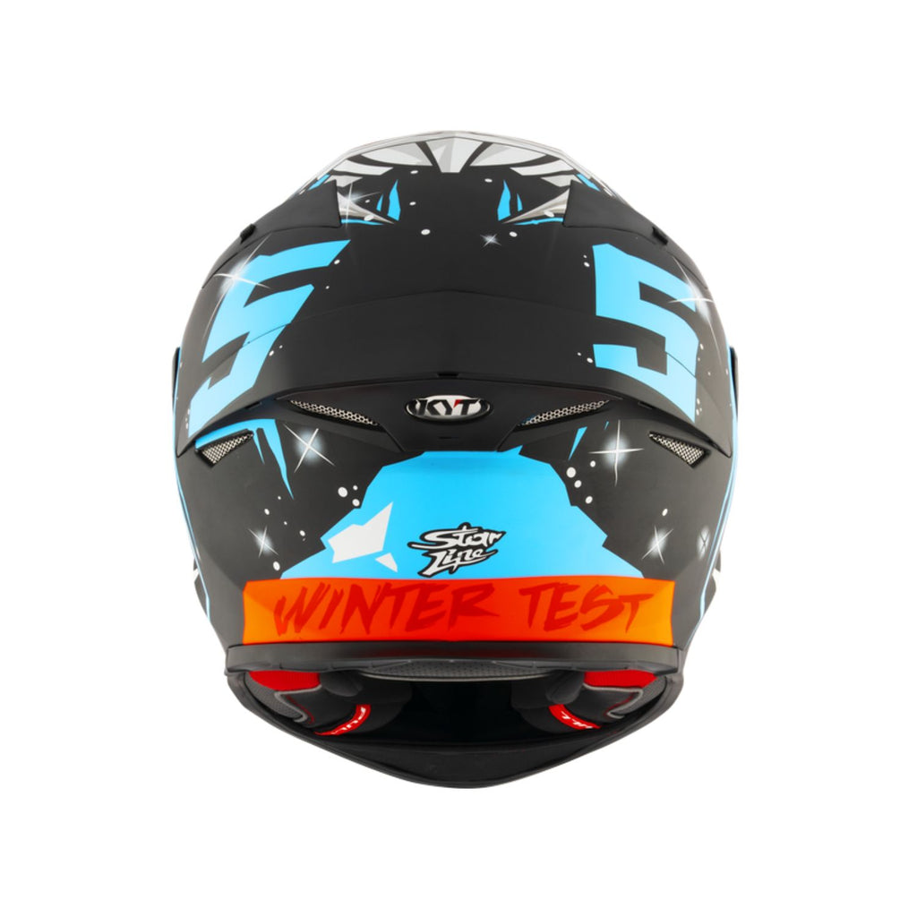 Helmet XL rear view: StarLite mark, blue panels, orange WINTER TEST text