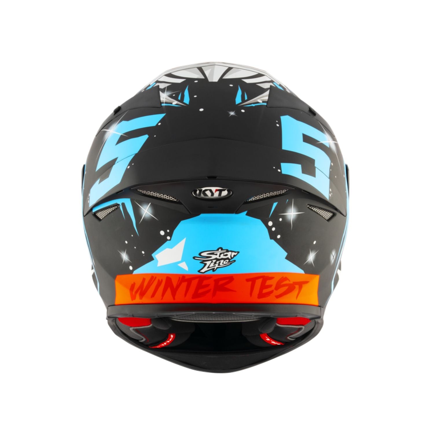 Helmet XL rear view: StarLite mark, blue panels, orange WINTER TEST text
