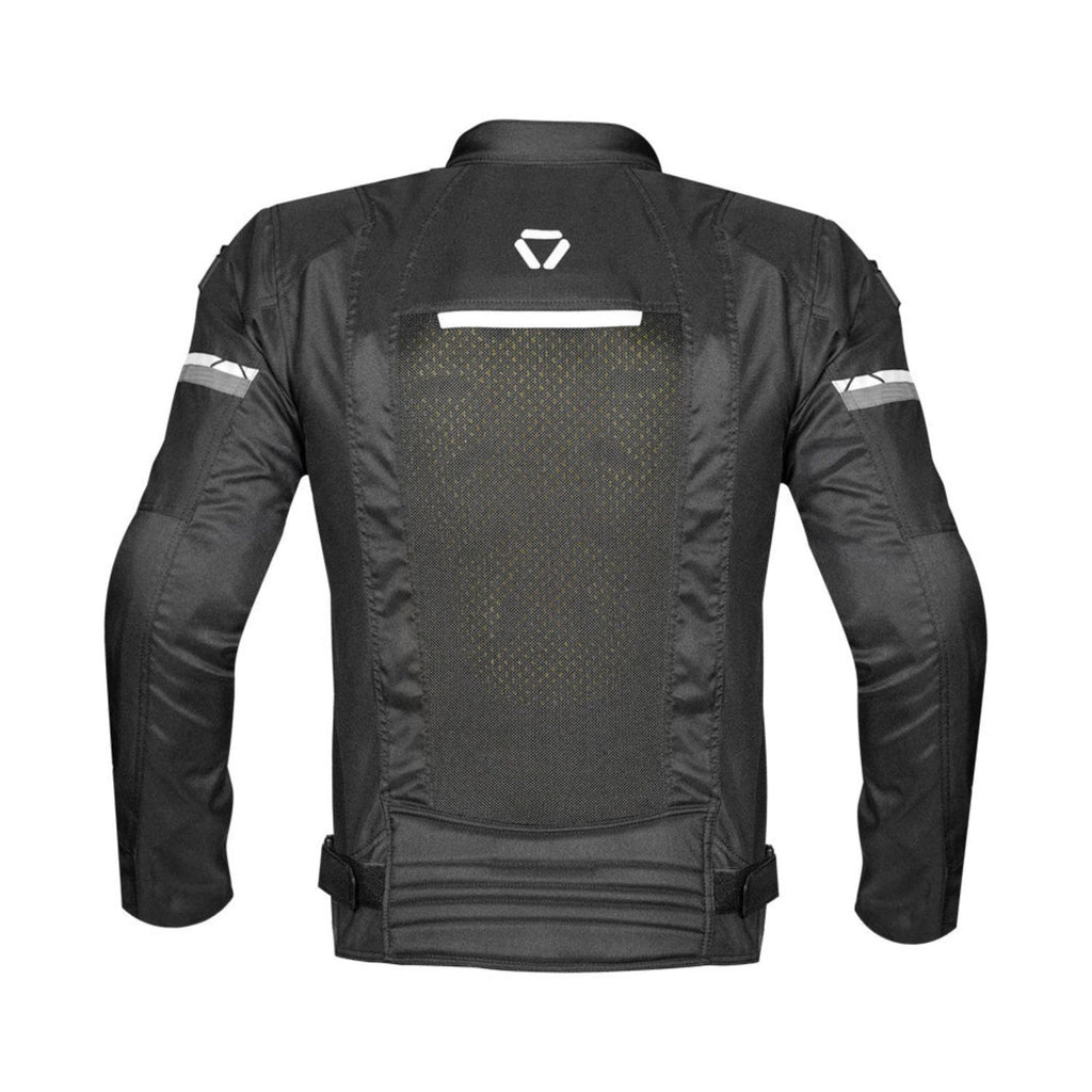 Black riding jacket back view with logo, reflective bands, adjustable waist hem (L)