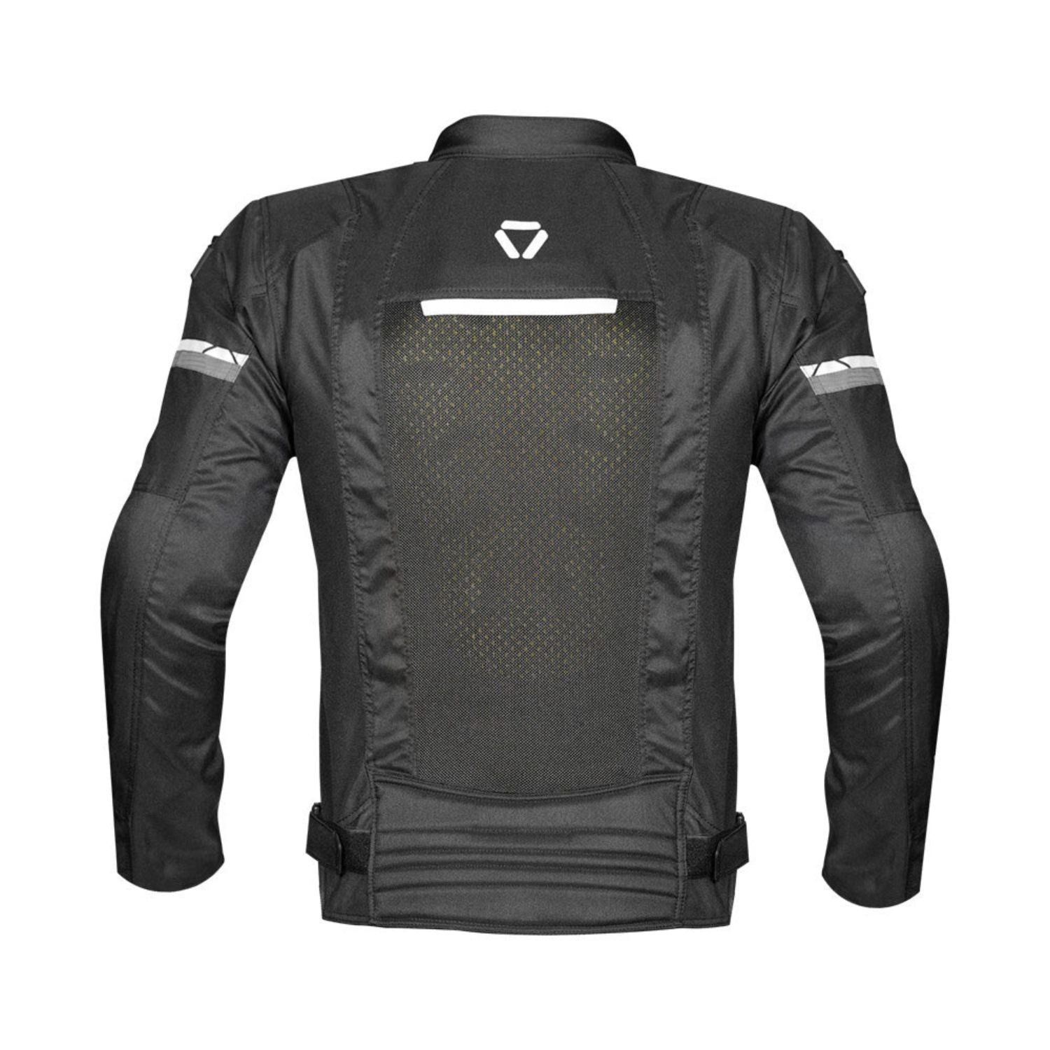 Black riding jacket back view with logo, reflective bands, adjustable waist hem (L)