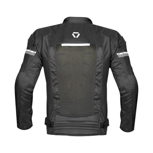 Black riding jacket back view with logo, reflective bands, adjustable waist hem (L)