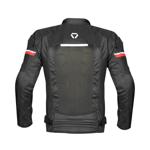 Edge 2.0 riding jacket back, black with reflective bands and waist adjuster, size L