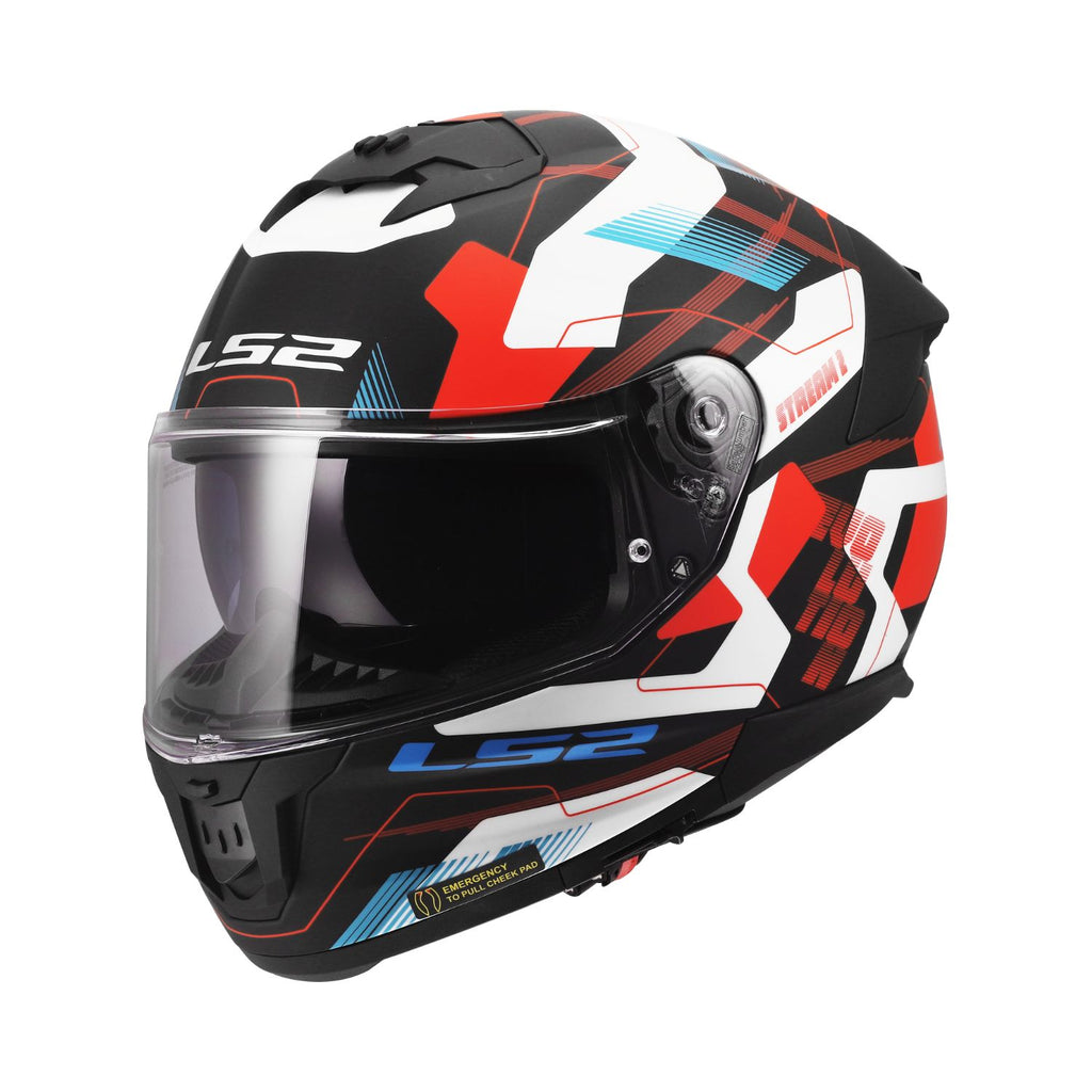 White/blue/red full-face helmet with tinted visor and bold race graphics