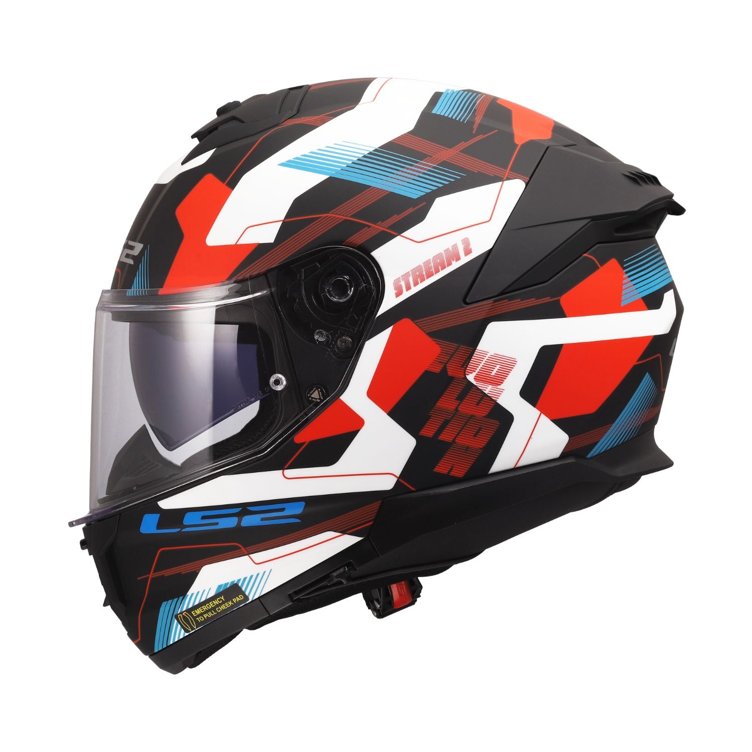 White, blue, red full-face helmet side view with tinted visor and chin detail
