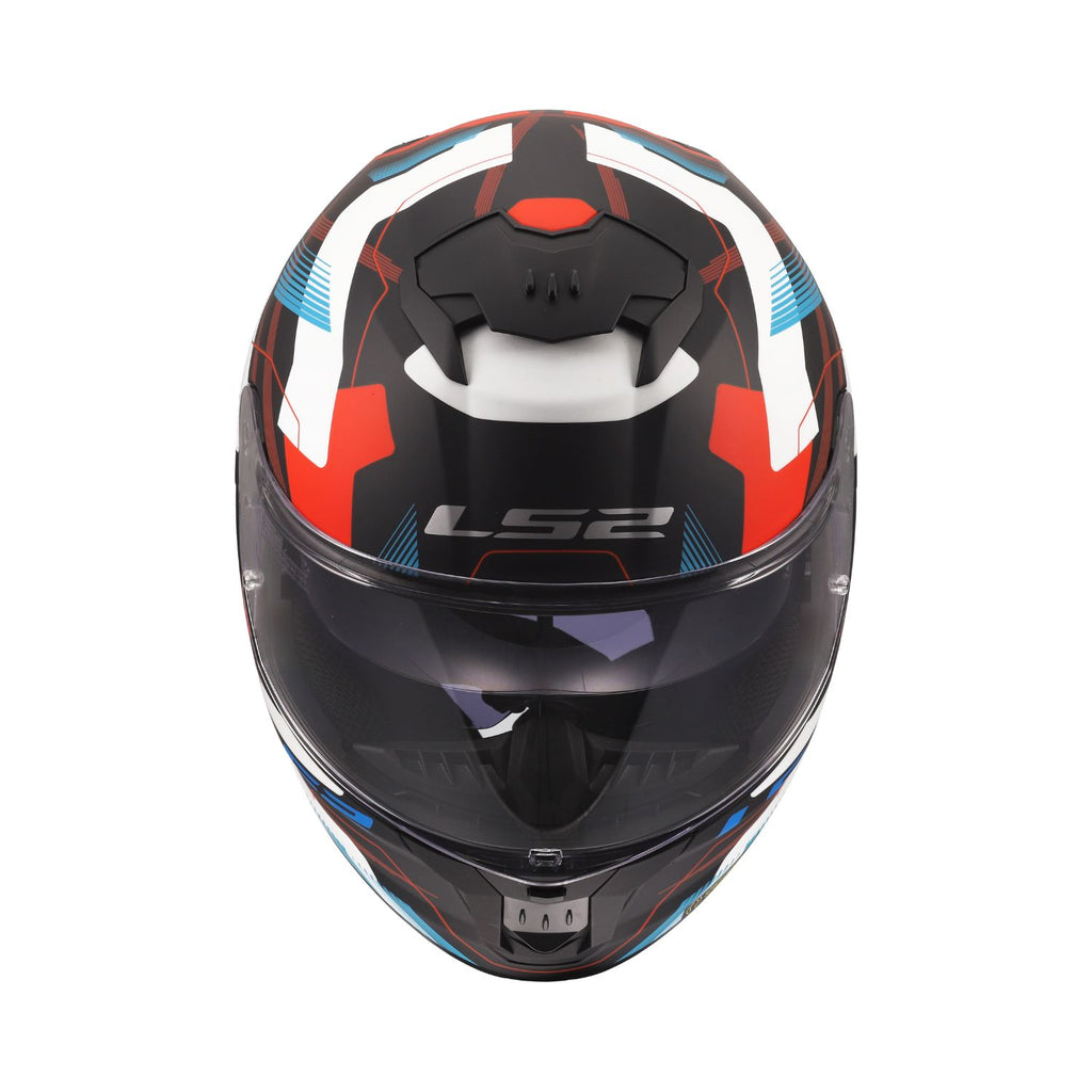 Front view full-face helmet with dark tinted visor and white/blue/red side panels