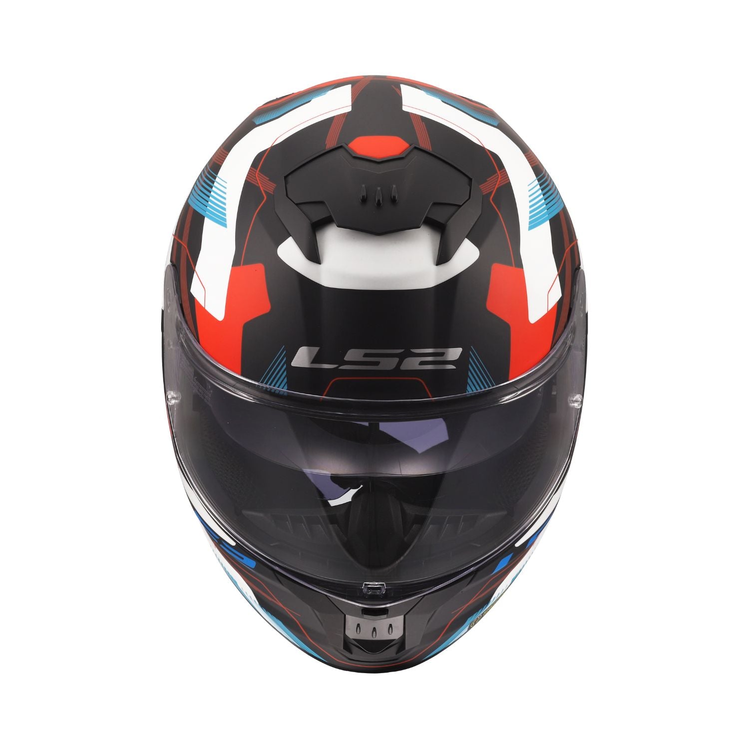 Front view full-face helmet with dark tinted visor and white/blue/red side panels