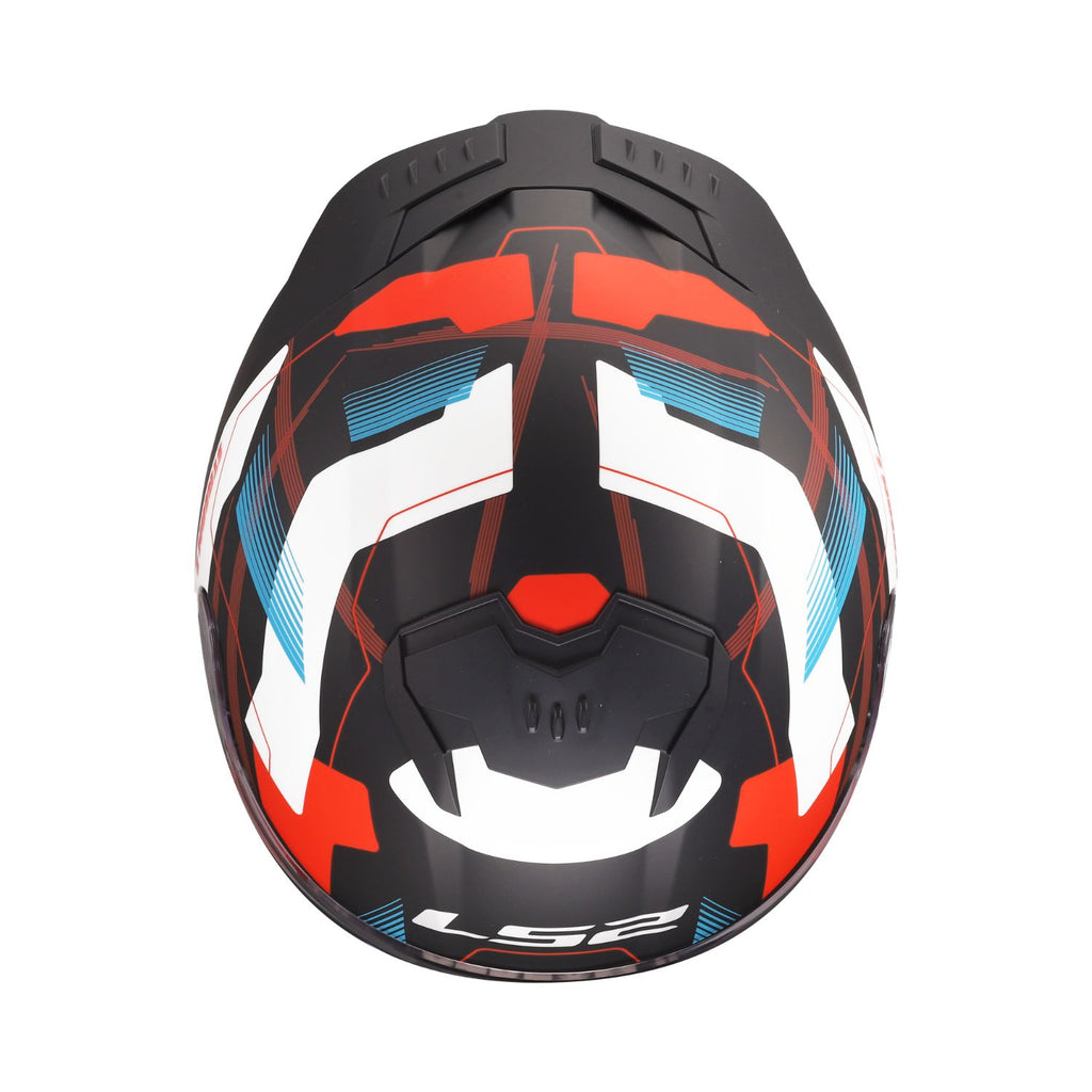 Rear view full-face helmet with white/blue/red pattern and black ventilation panel
