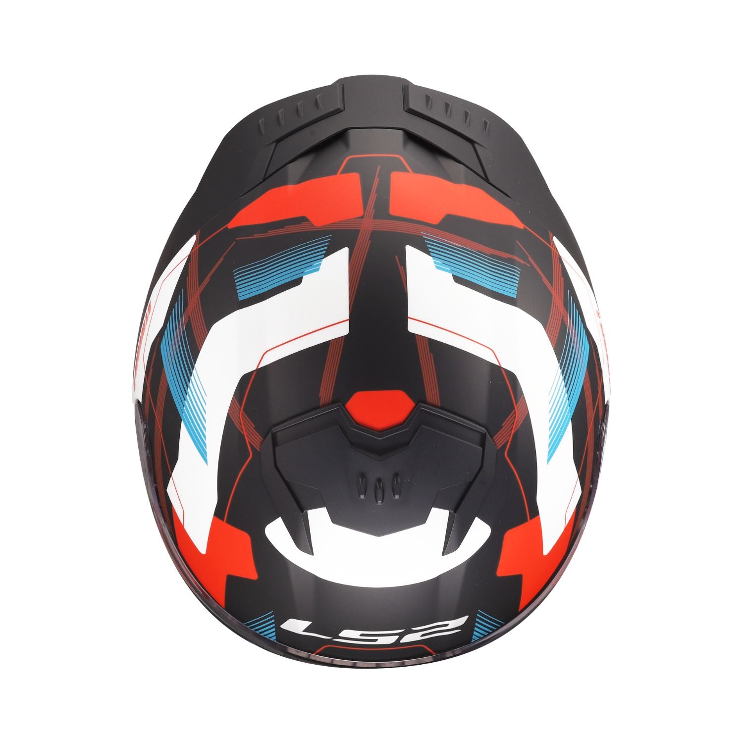 Rear view full-face helmet with white/blue/red pattern and black ventilation panel