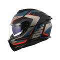 Matt black road helmet with blue and orange graphics, full-face visor