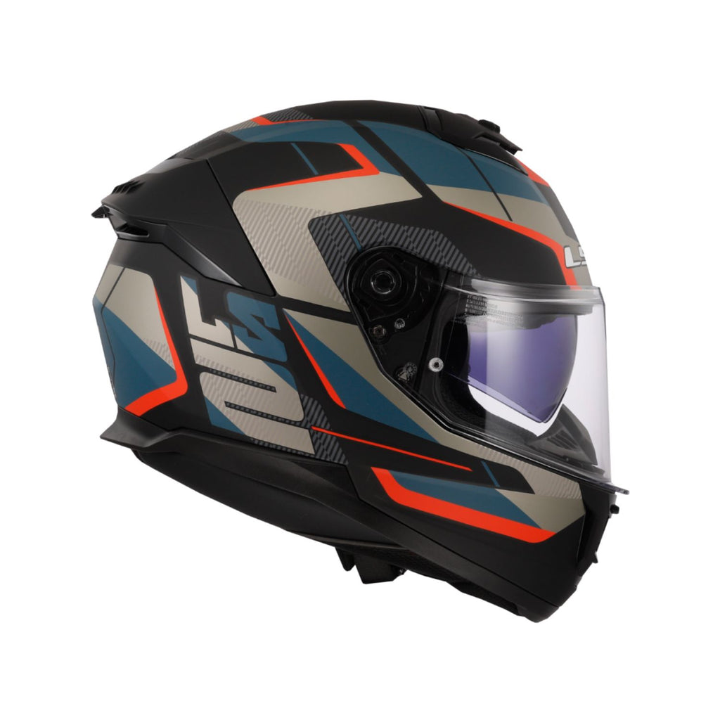Full-face motorcycle helmet in matt black with blue graphics, tinted visor
