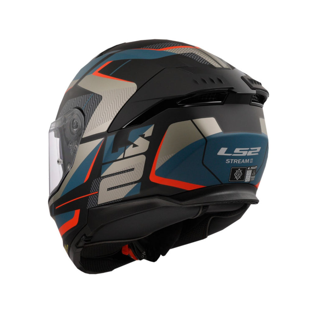 LS2 Stream II full-face helmet with clear visor, black shell and blue accents