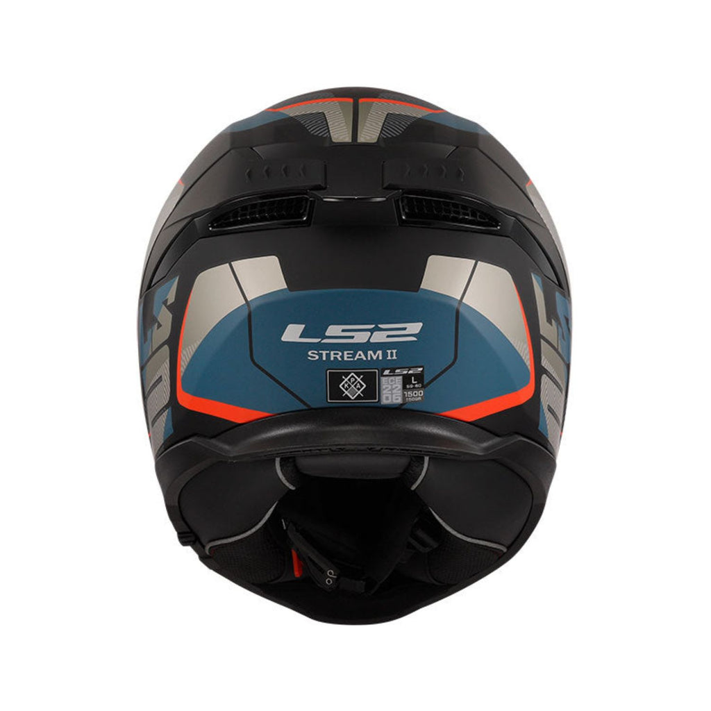 Rear view of matt black full-face helmet with blue panel and vent openings