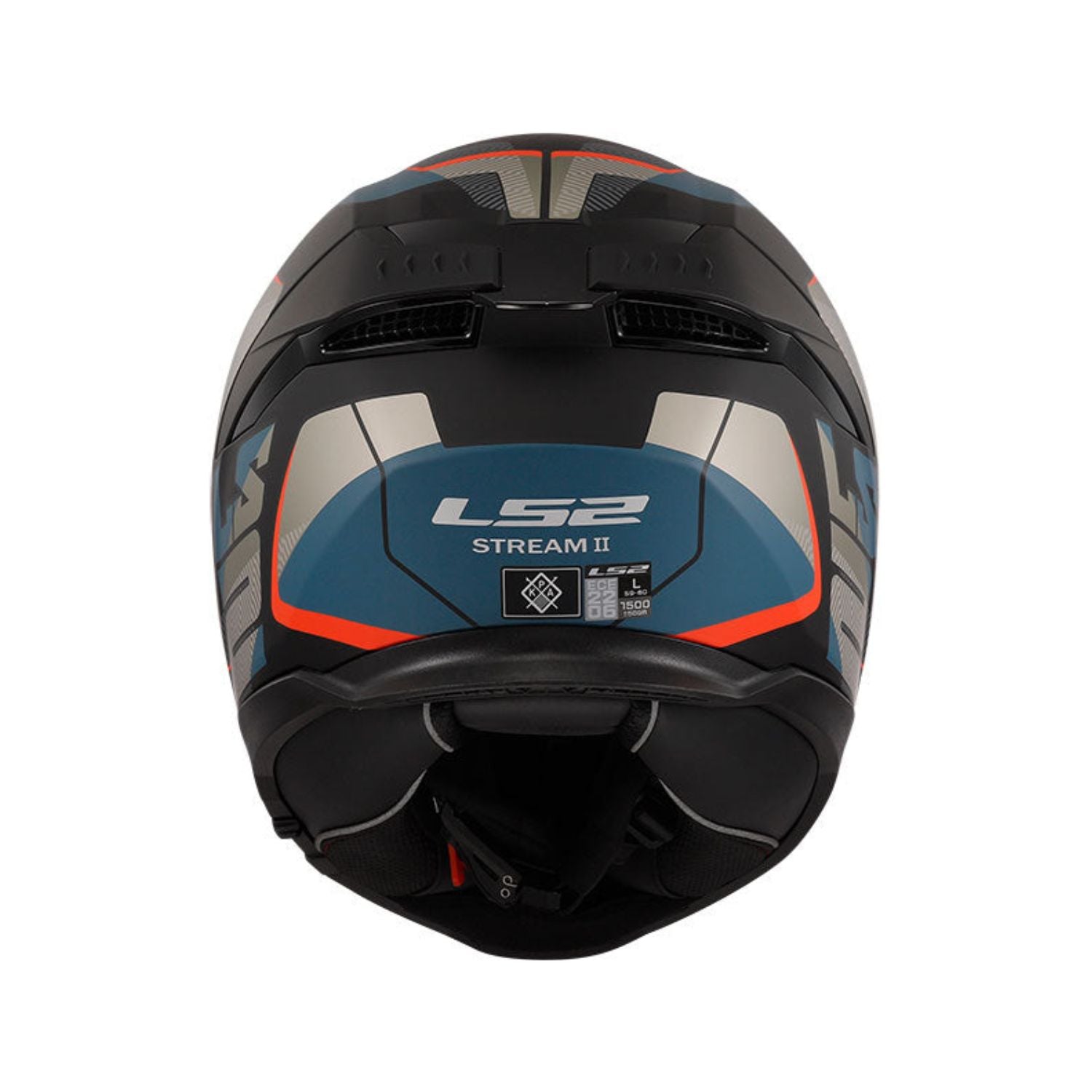 Rear view of matt black full-face helmet with blue panel and vent openings