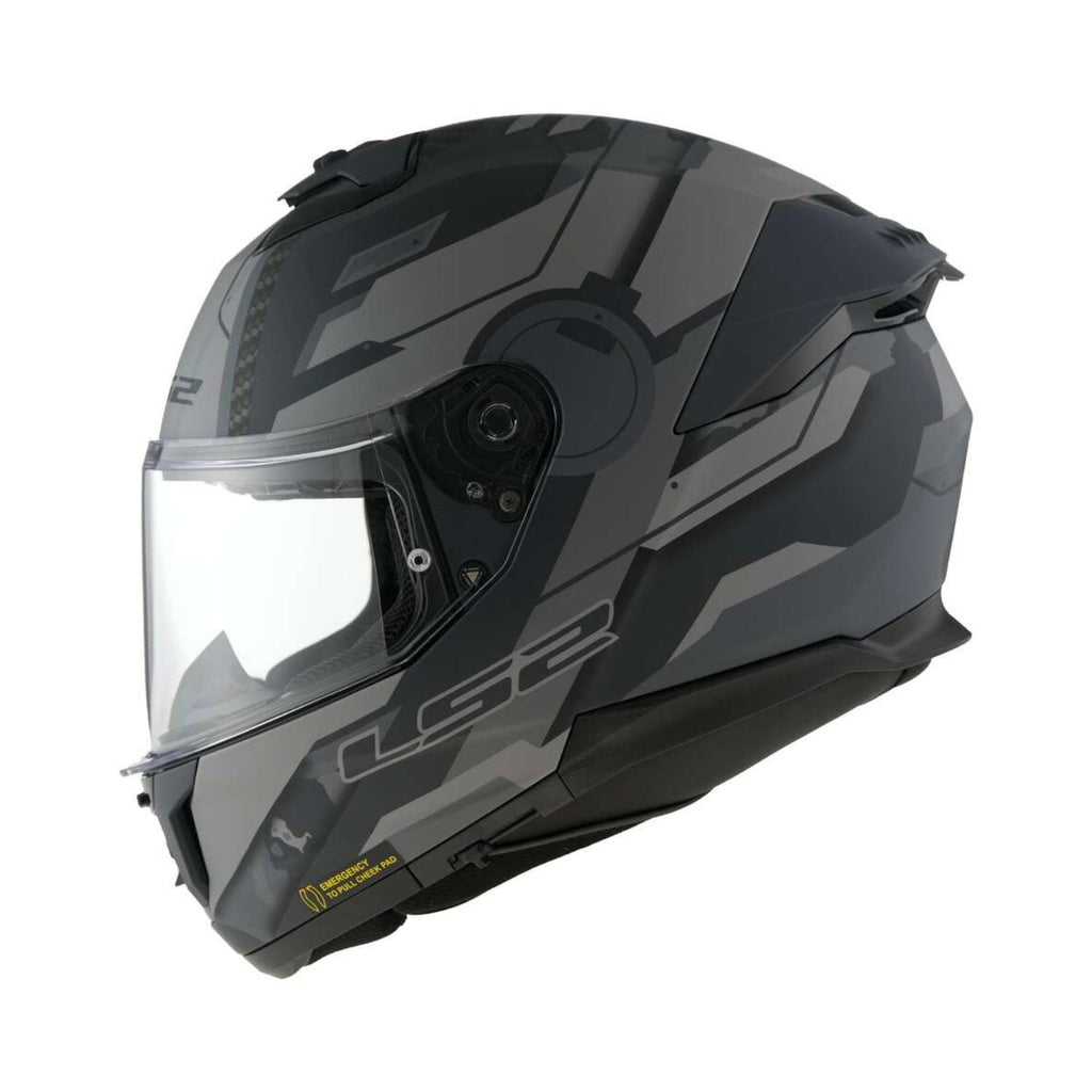 Grey full-face helmet side view with clear outer visor and chin panel