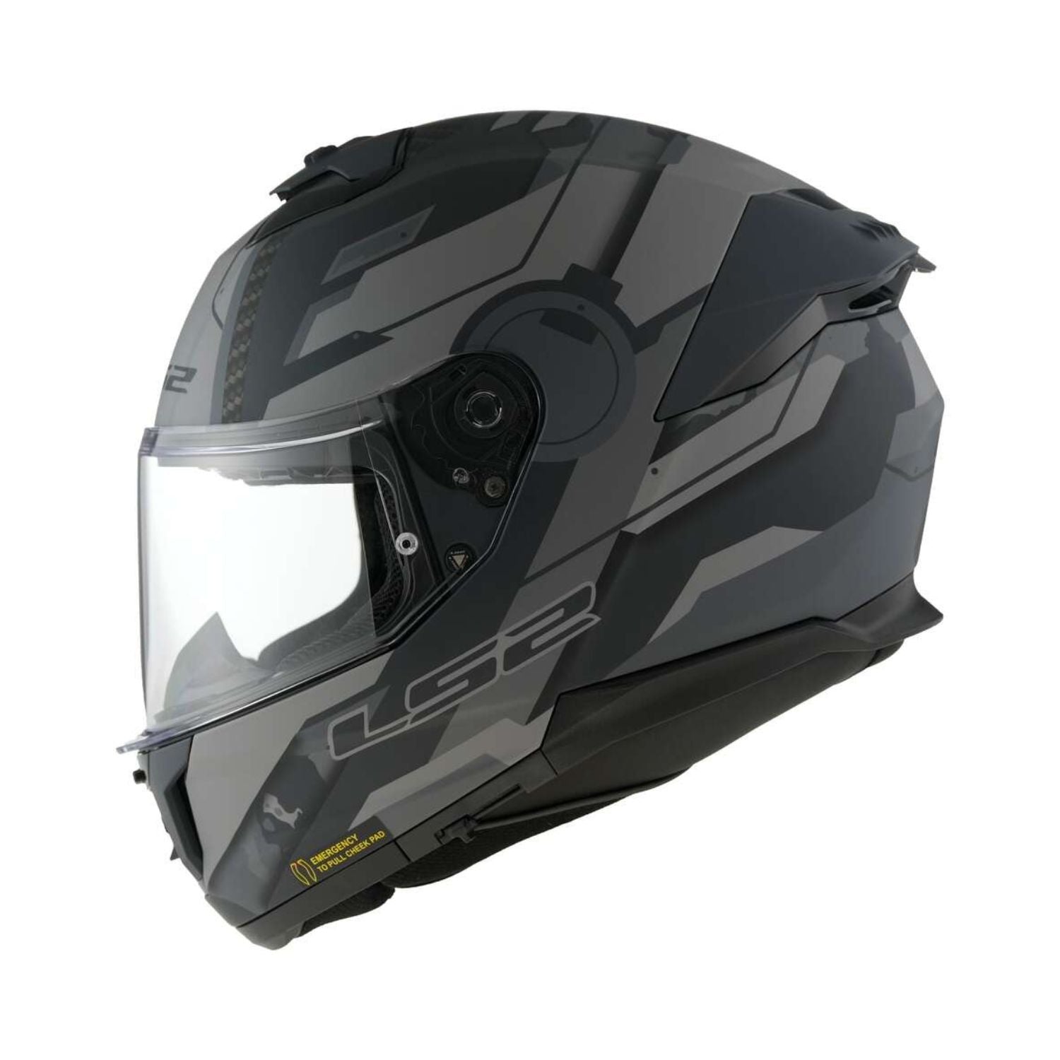 Grey full-face helmet side view with clear outer visor and chin panel
