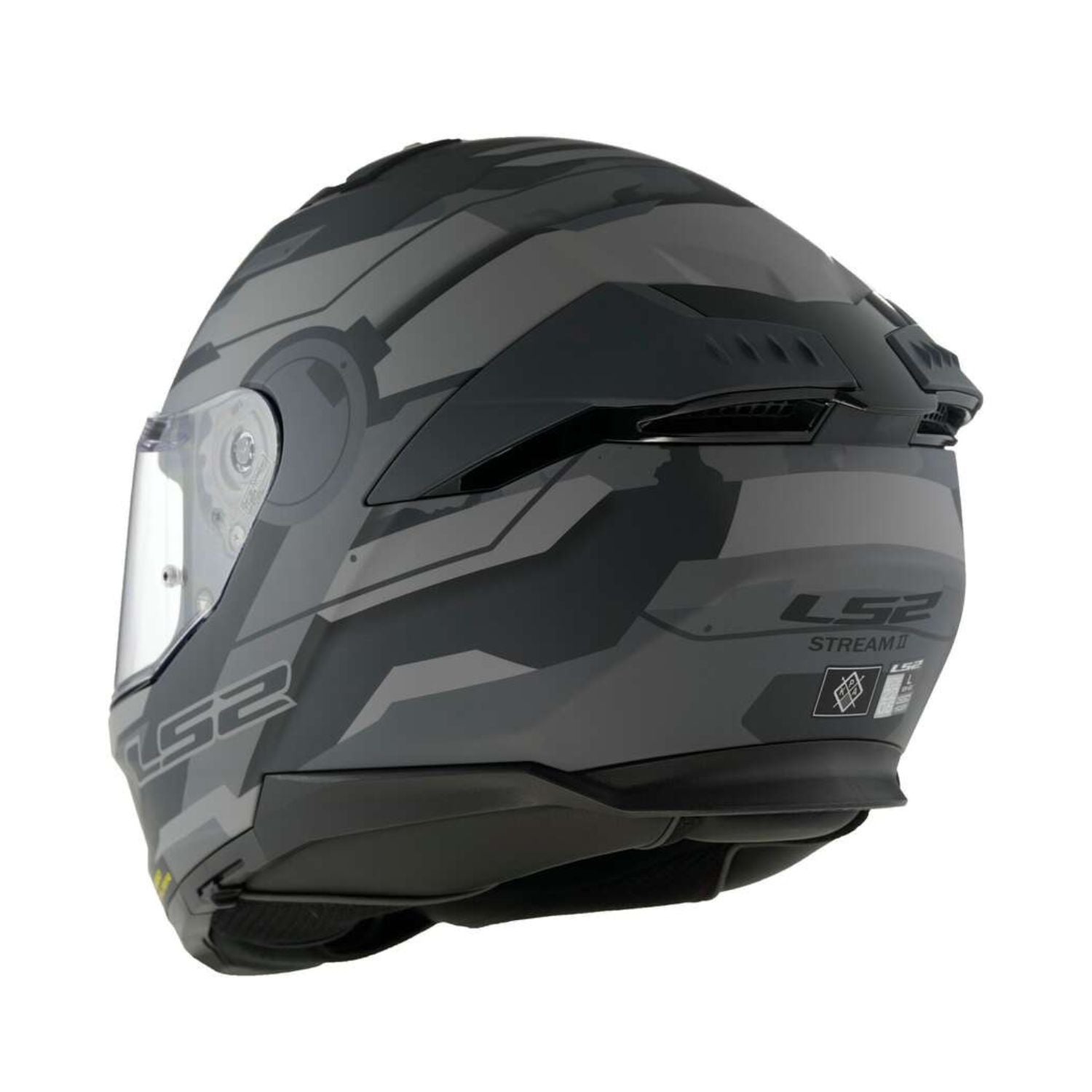 Grey full-face helmet showing angular graphics and chin fairing