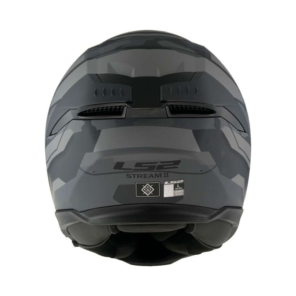 Back of grey full-face helmet with ventilation slots and Stream II label