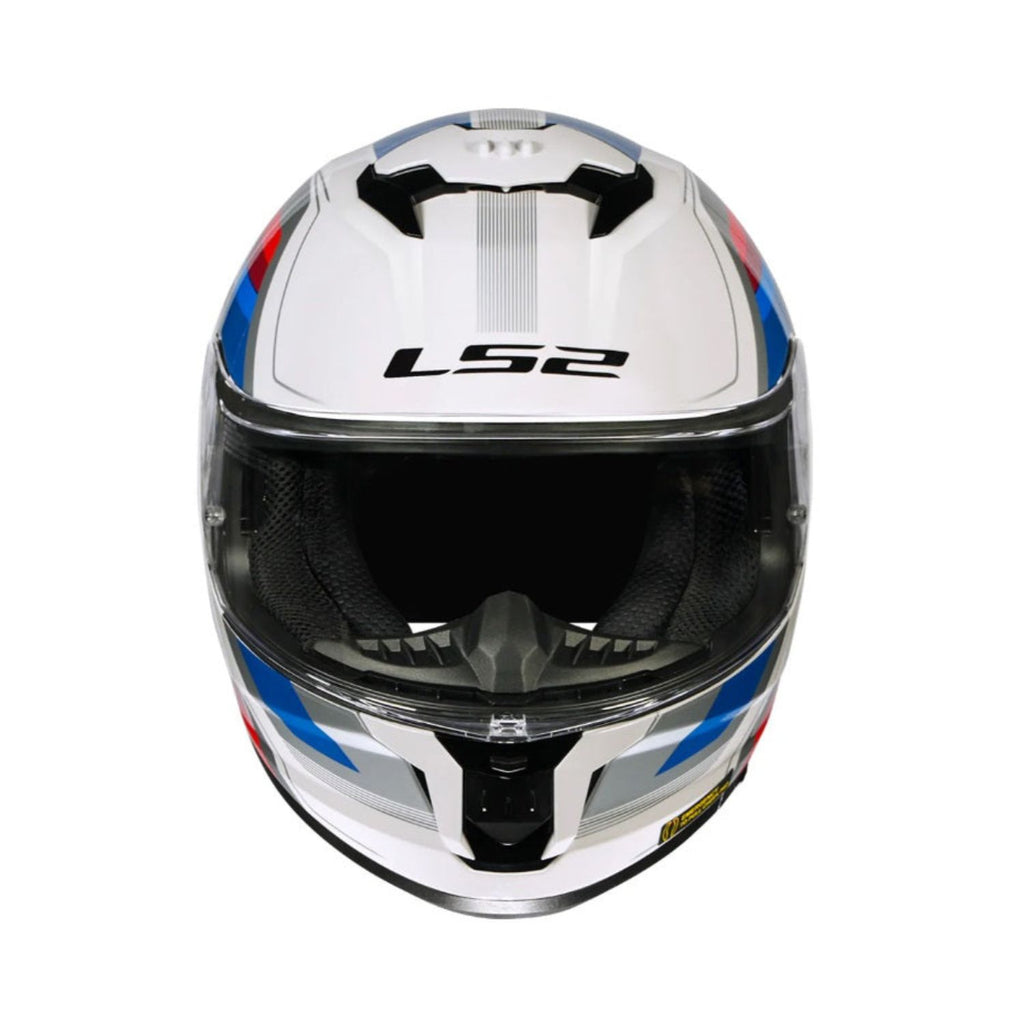 Stream II full-face helmet, white shell with blue and red accents, black chin and vents
