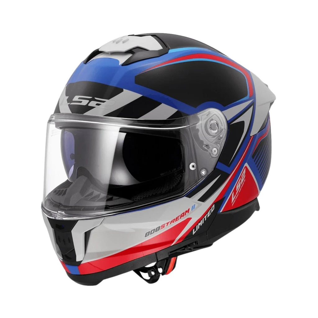 Gloss full-face helmet in blue, red, white with clear flip-up visor