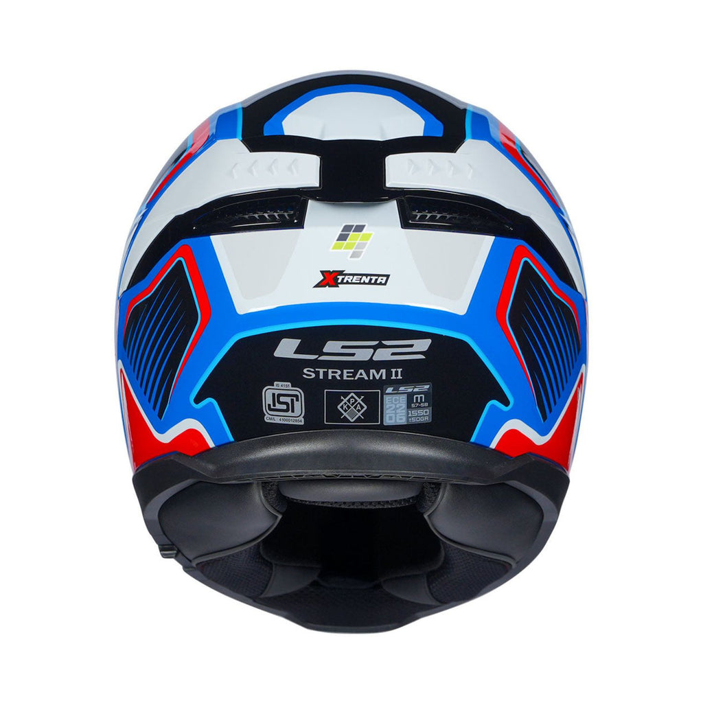 Full-face helmet back view, blue and red accents on white gloss shell