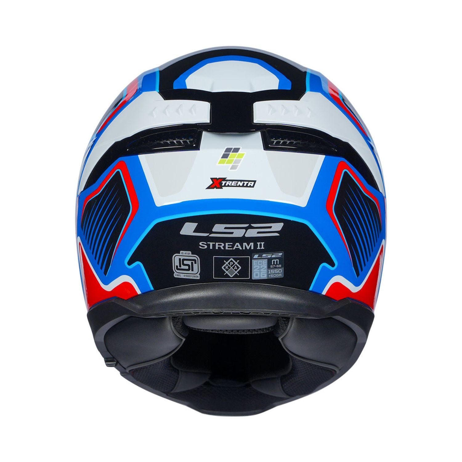 Full-face helmet back view, blue and red accents on white gloss shell
