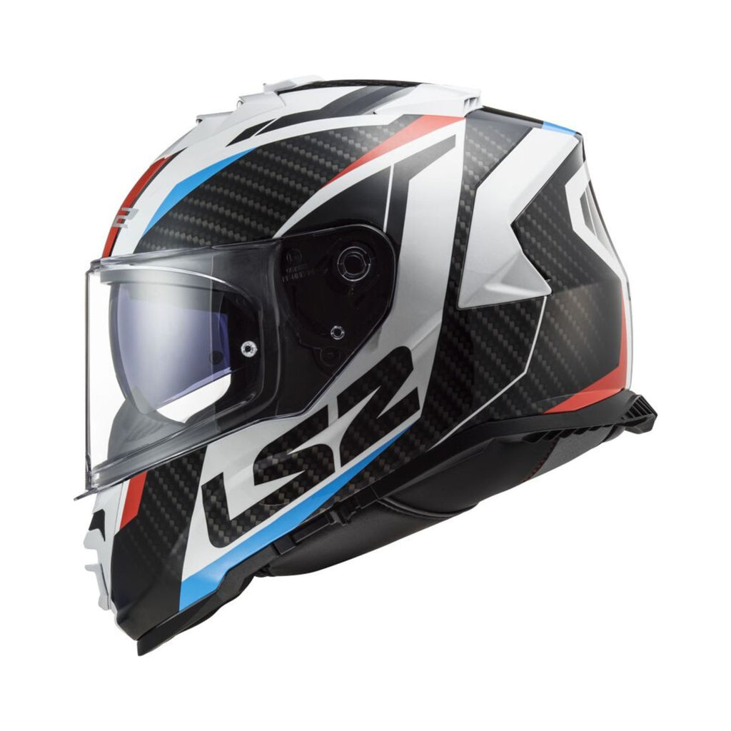 FF800 Storm II full-face helmet, side view, red/blue/white graphics, clear visor