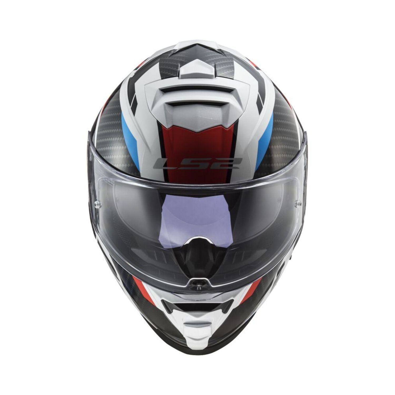 Storm II helmet front view, white shell with blue/red accents and clear visor